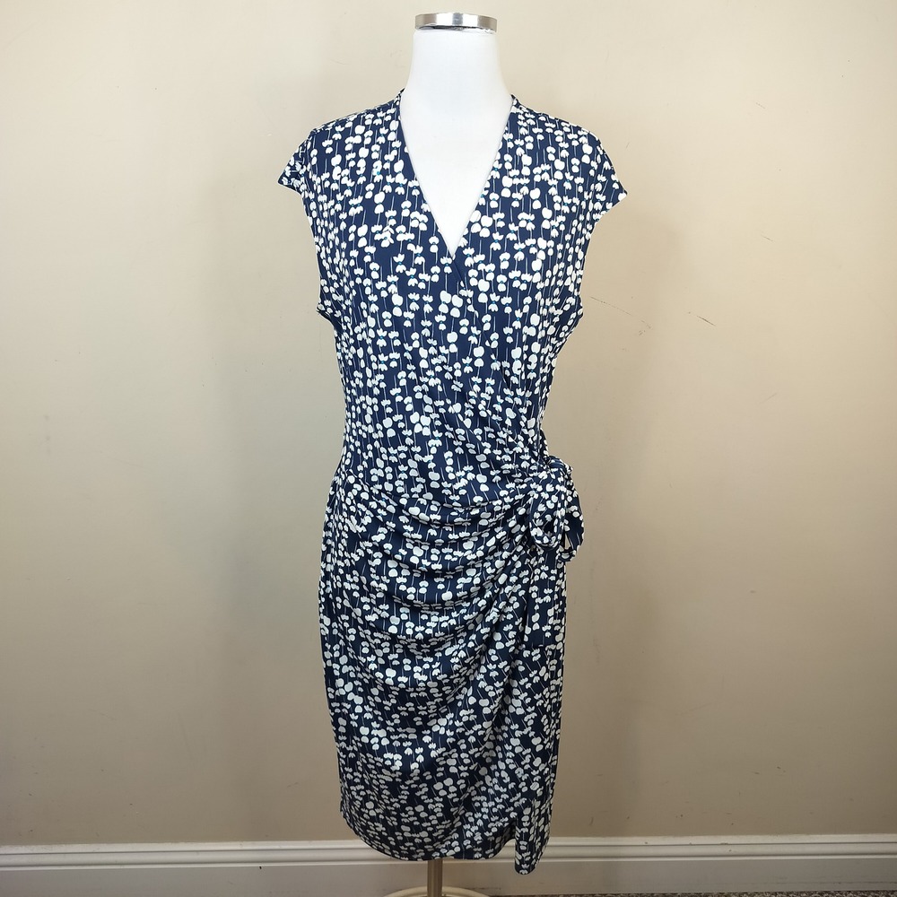 Lark & Ro Faux Wrap Dress Large Floral Cap Sleeve Knee Length Navy Blue